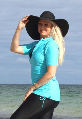 womens swim shirt with zip and adjustable long length short sleeve blue turquoise