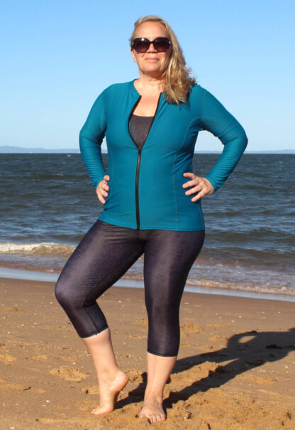 Plus Size Zip Front Rashie Long Sleeve Womens Sun Safe Swimwear