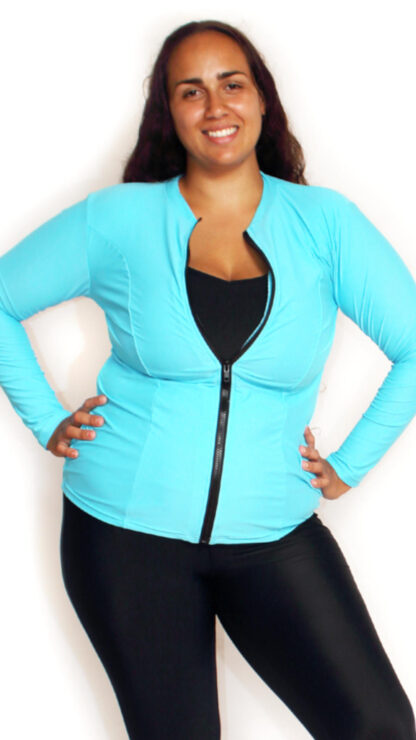 Plus Size Zip Up Blue Rash Guard For Women