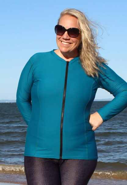 Plus Size Zip Up Rash Guard Long Sleeve Womens