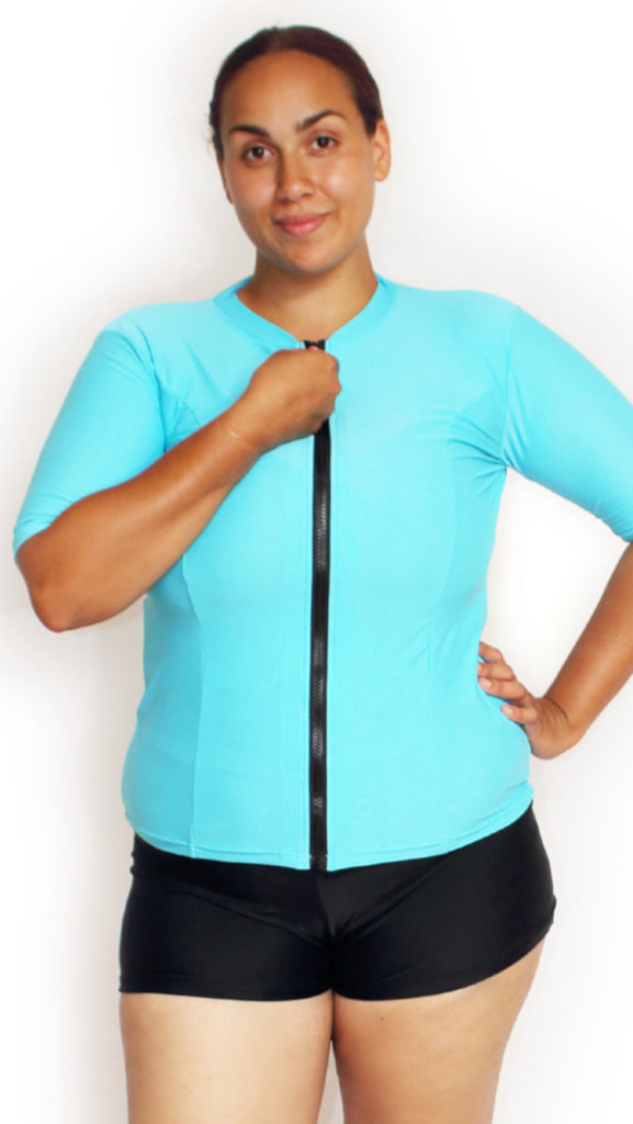 Plus Size Blue Zip Up Rash Guard | oceanroadswimwear