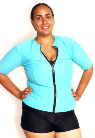 womens plus size zip up swim shirts rash guard short sleeve xl blue