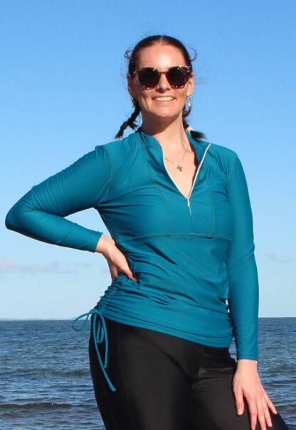 plus size adjustable length long sleeve rashies with zip front blue turquoise