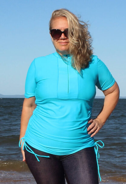 plussize short sleeve zip neck turquoise blue swimshirts au us uk ca nz eu ie za tie sides