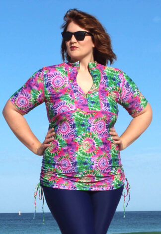 womens plus size short sleeve adjustable swim shirts colourful pink green patterned