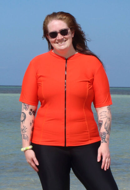 plus size swim shirts zip up short sleeve womens fitted orange red colourful