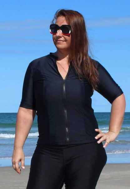 womens plus size short sleeve zip up swim shirts australia
