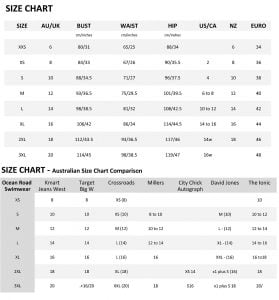 OCEAN ROAD SWIMWEAR - SIZE CHART REG & COMPARISON AU