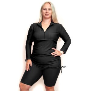 ladies plus size zip up long sleeve rash guard black