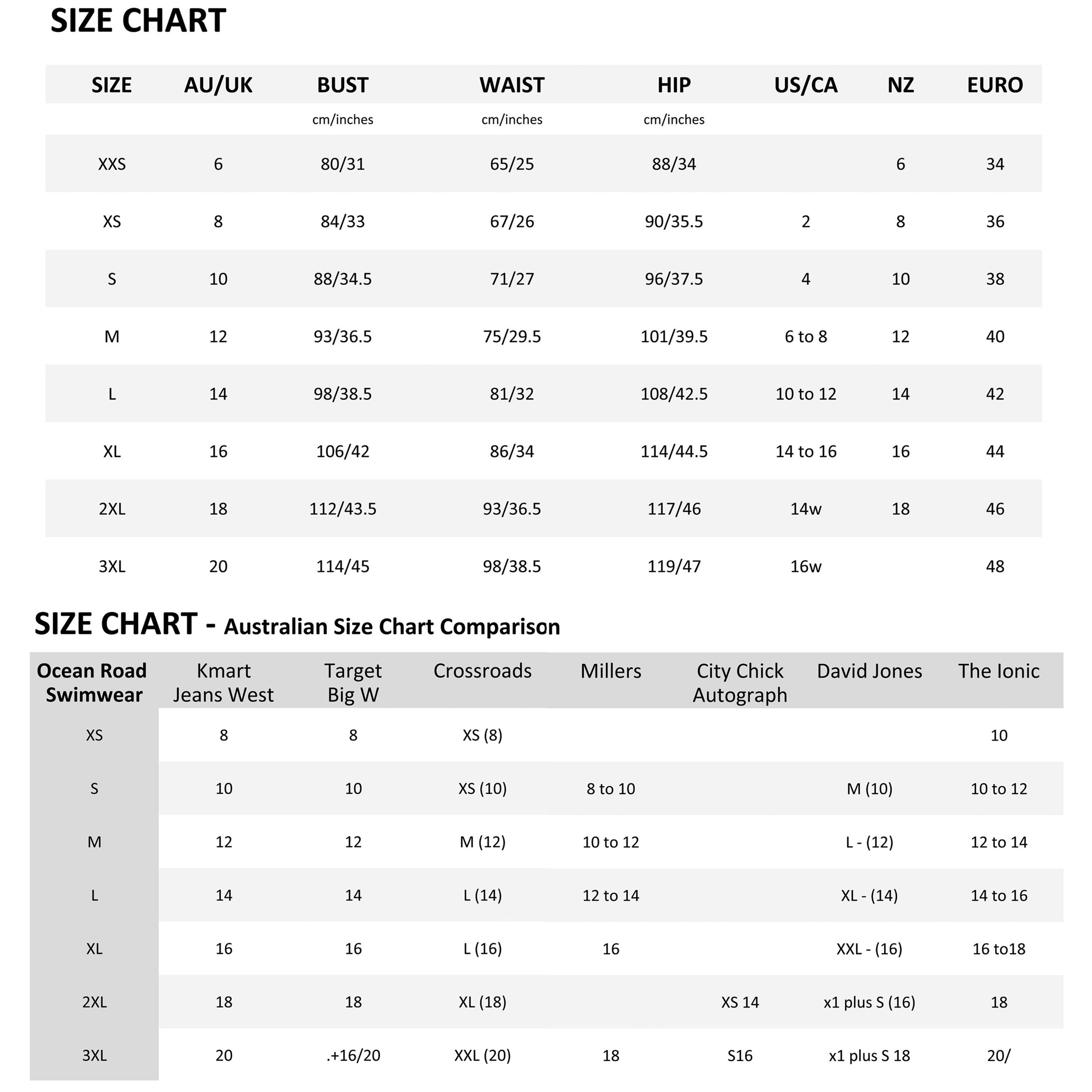 regular-size-chart-&-comparison 2200 | oceanroadswimwear