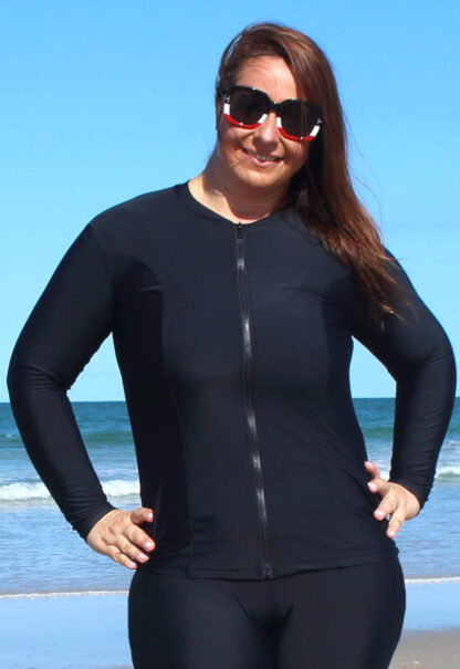 Chlorine Resistant Plus Size Womens Swim Shirts Zip Front