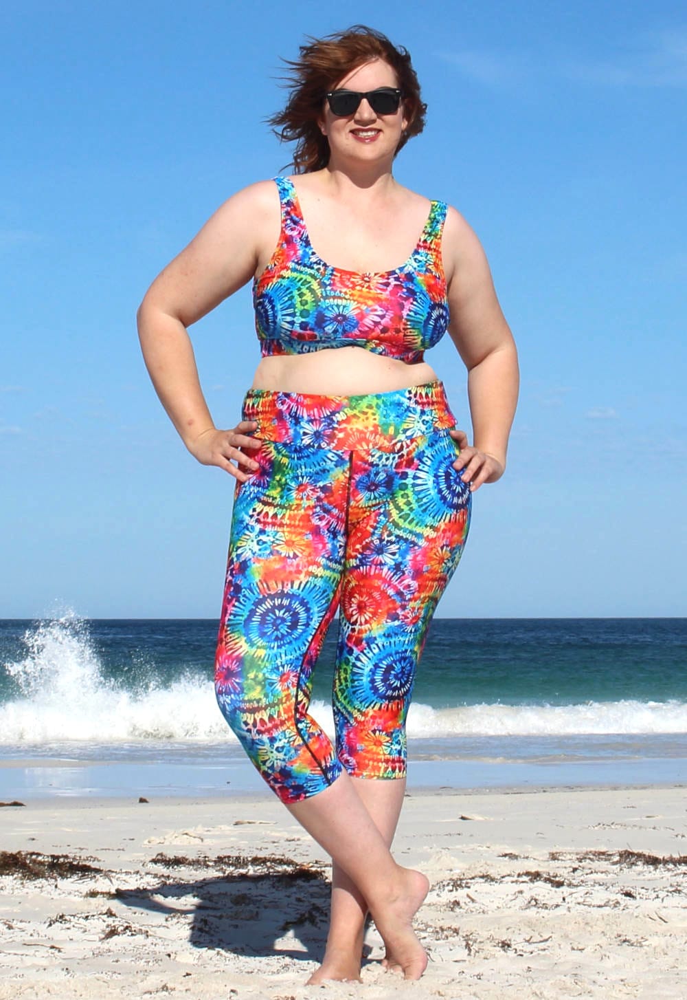 Plus Size Tie Dye Three Quarter Length Swim Leggings for women