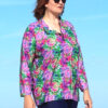 plus size long sleeve swim shirts rashies for women pink floral design with zip neck