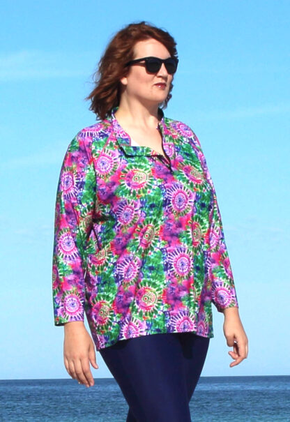 plus size long sleeve swim shirts rashies for women pink floral design with zip neck