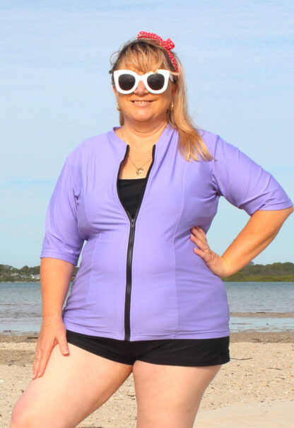 boyleg plus size bikini set and lavender short sleeve rash guard