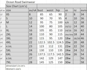 OceanRoad swimwear Size Chart
