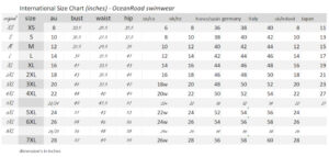 OCEAN ROAD SWIMWEAR INTERNATIONAL SIZE CHART - INCHES- WOMENS ALL SIZES