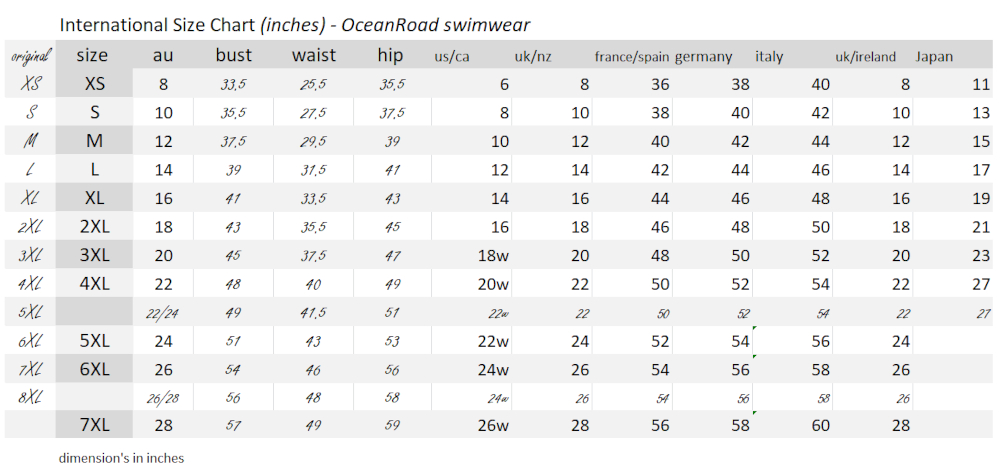 OCEAN ROAD SWIMWEAR INTERNATIONAL SIZE CHART – INCHES- WOMENS ALL SIZES ...