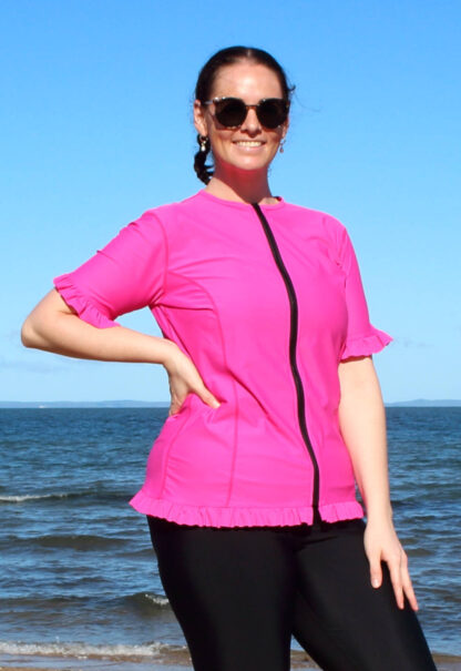 plus size womens pink frill hem swim shirt zip up