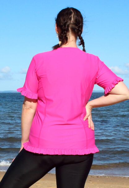 womens curvy plus size swim shirts pink with frills ruffles