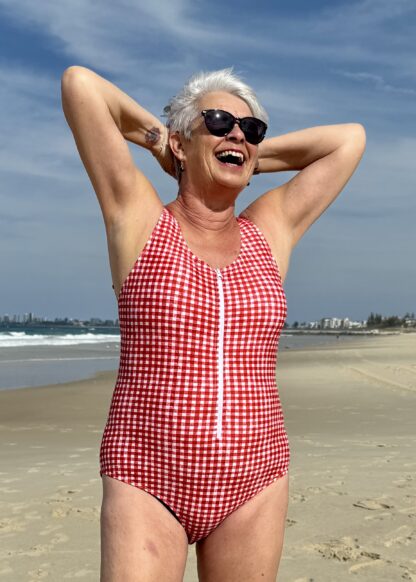 Plus size Red Gingham swimsuit zip up for mature women