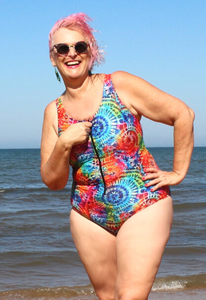 plus size womens bathing suit colourful patterned zip front