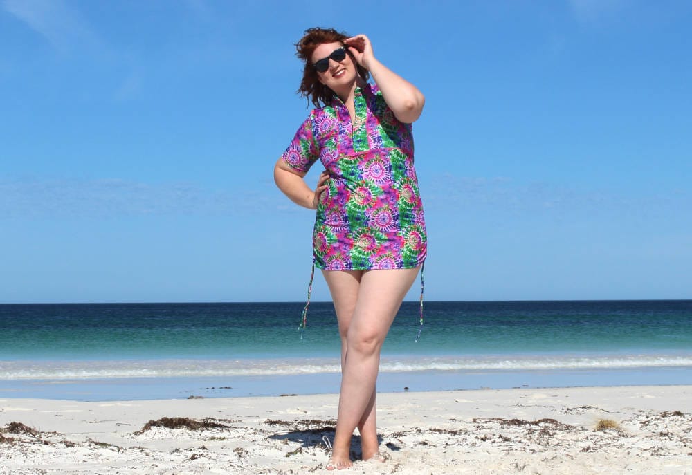 women wearing colourful long length sun safe rashie modest swimwear