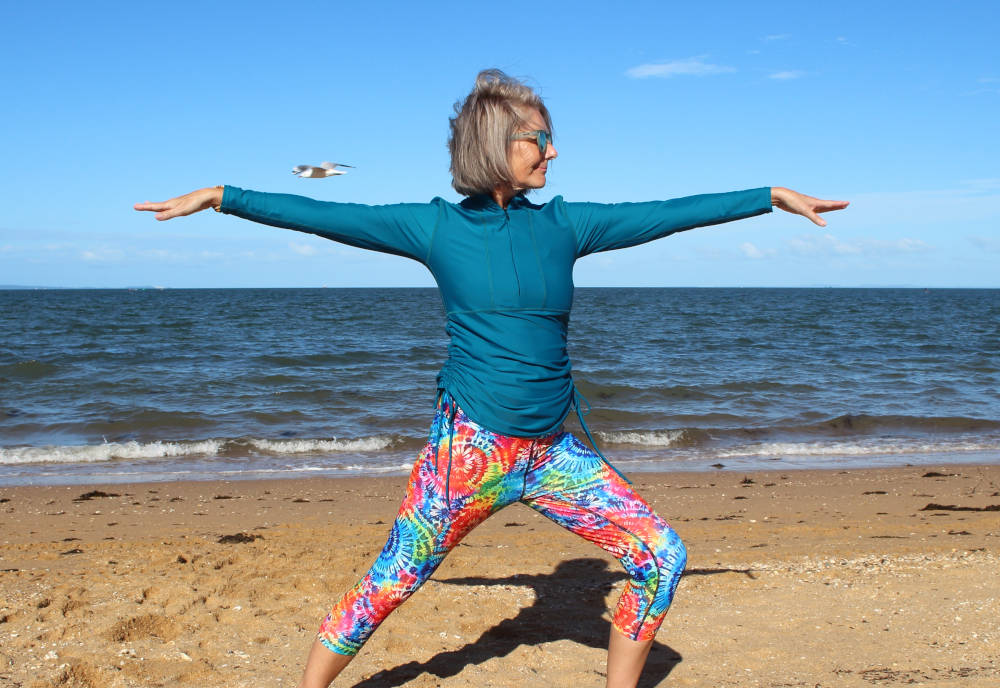 Banner women exercising on beach yoga zen meditation