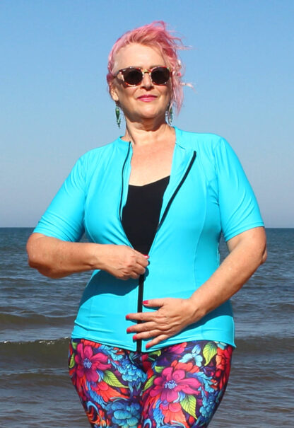 mature womens plus size swim shirts sun tops with zipper front blue