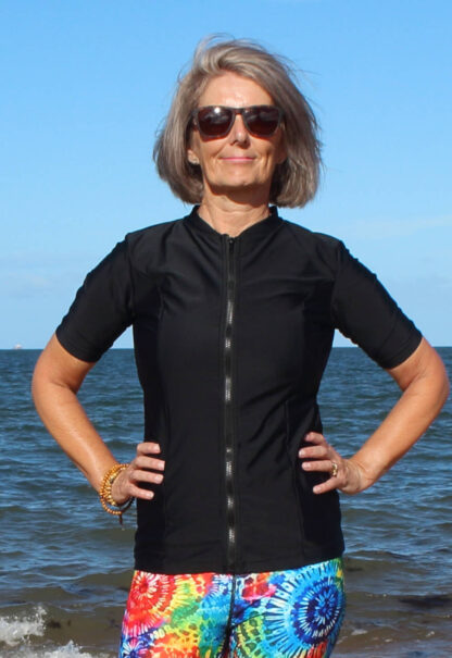 womens-swim-shirt-zip-up-with-short-sleeve-Black