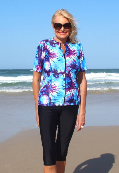 Multi Coloured Short Sleeve Rash Guard Zip Up Swimwear