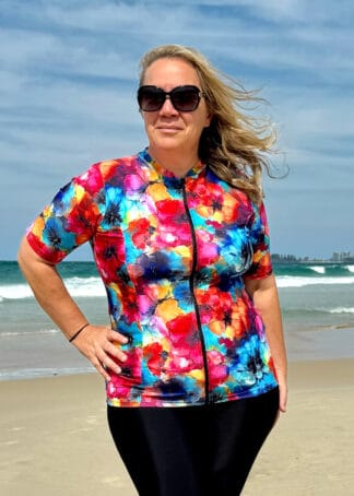 Plus Size Short Sleeve Swim Shirt with Built in Bra Zip Front