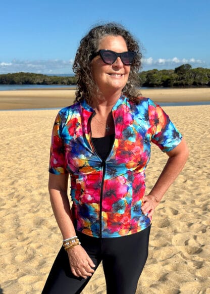 Womens Floral Print Short Sleeve Rashies with Inner Bra