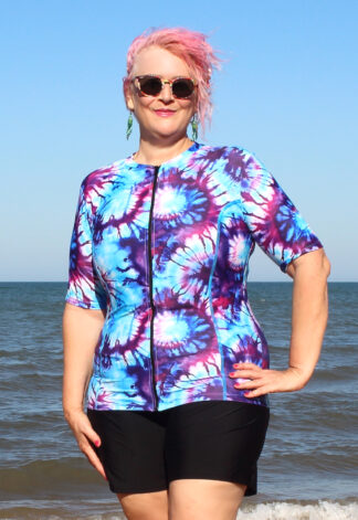 Womens Plus Size Zip Up Swim Shirt Printed Tie Dye Design