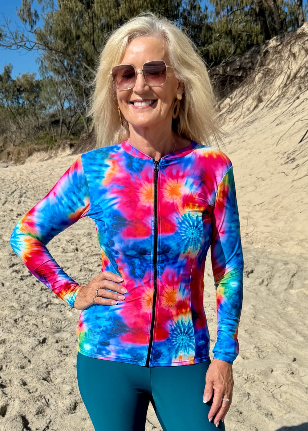 colourful print long sleeve rashie with inner bra