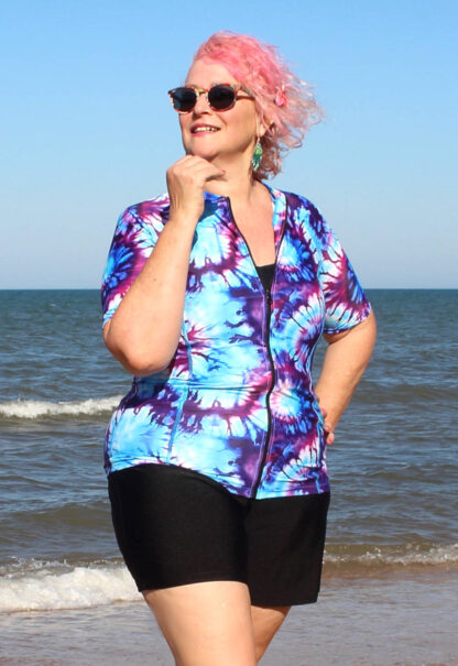 plus size women rash guard tie dye blue and purple