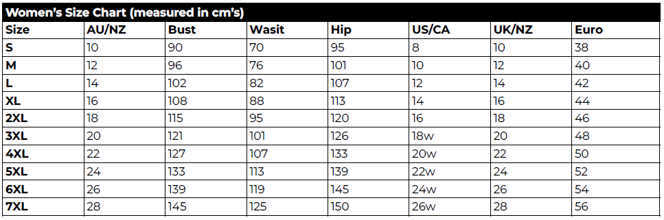 Women’s Size Chart (measured in cm’s)