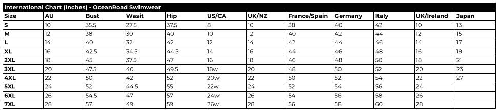 International Chart (Inches) - OceanRoad Swimwear - All Sizes