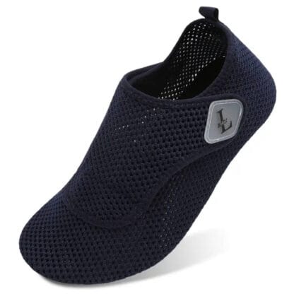 navy swim shoe with Velcro fastener and rubber sole wide fit