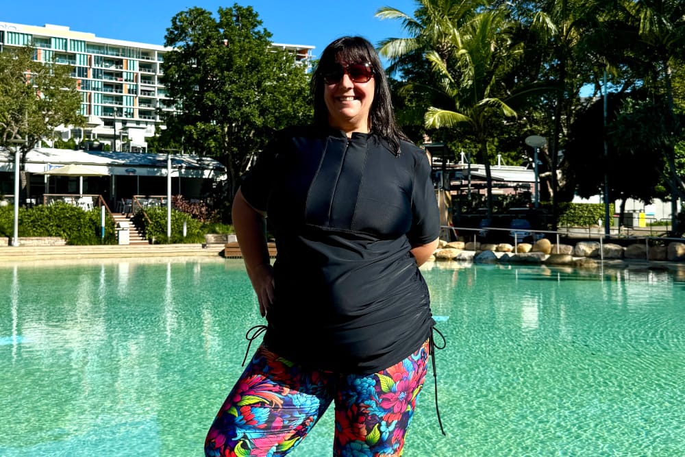 B_mature women at swimming pool what to wear outdoors sun protection swimwear
