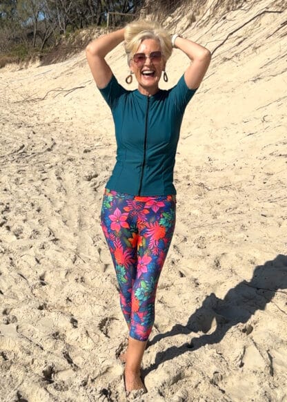 Colourful Print Three Quarter Length High Waist Swim Leggings For Women
