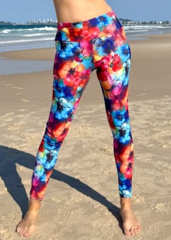 Sue swim leggings australia in a cheerful print styled front view