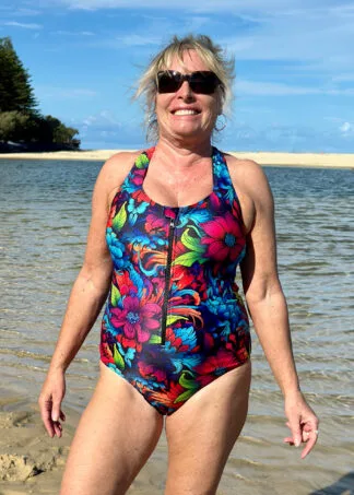 Womens Racer Back One Piece Swimsuit Zip Front