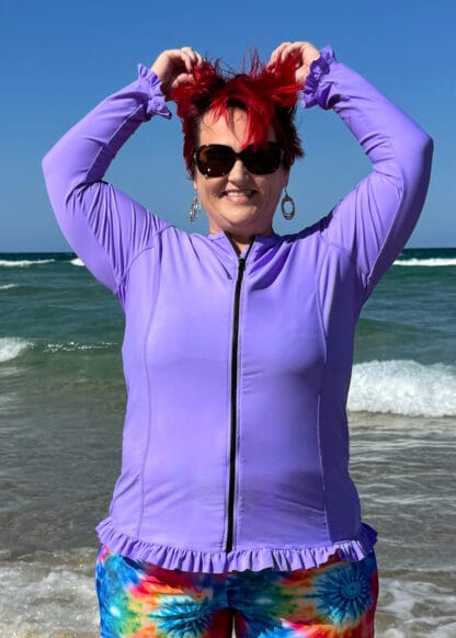 plus size ruched long sleeve rash guard violet purple pink