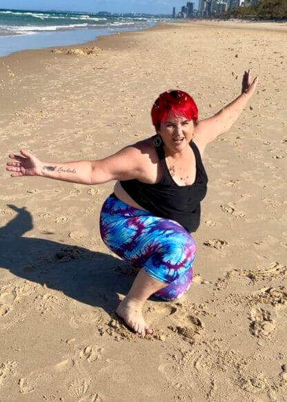 plus size swirly blue and purple tie-dye swim leggings chlorine resistant