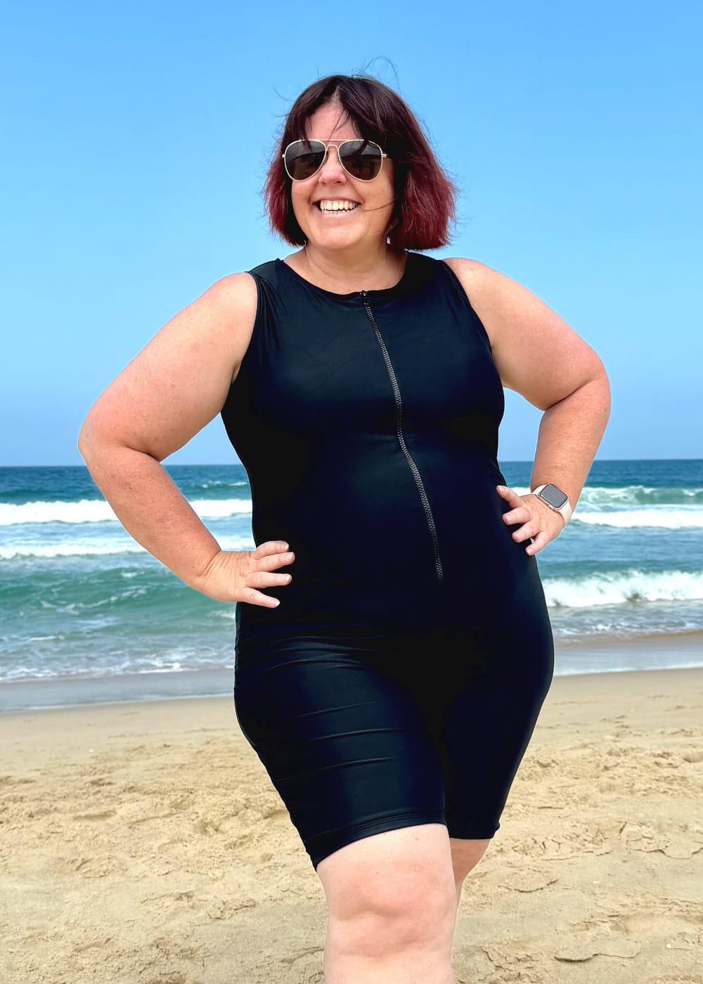 Plus Size Chlorine Resistant Knee Length Swimsuit with Zip Front