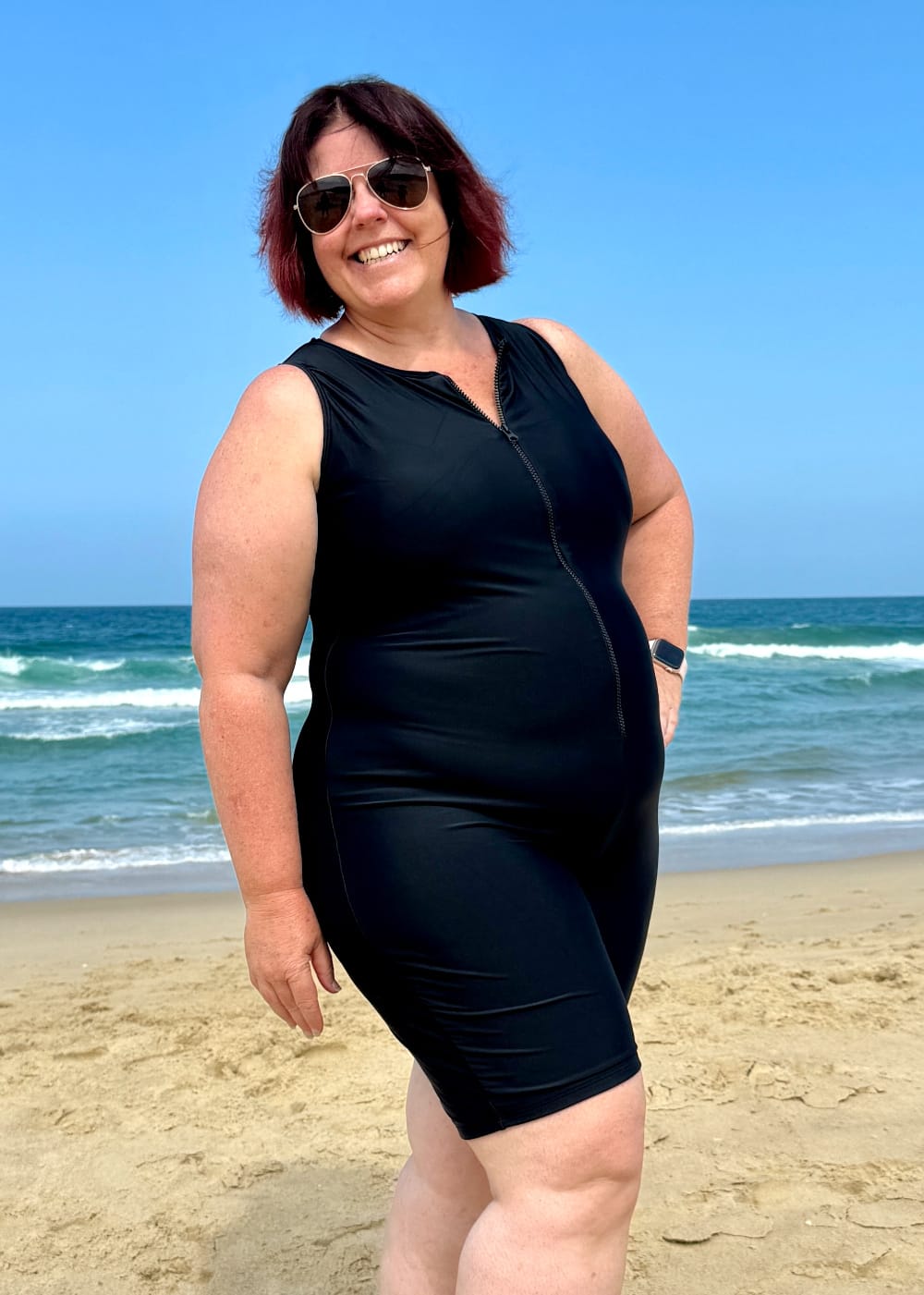 Plus Size Zip Front Swimsuit Knee Length Chlorine Resistant