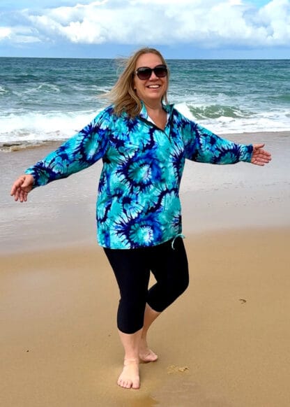 Tie Dye Print Plus Size Baggy Long Sleeve Rashie Chlorine Resistant Blue