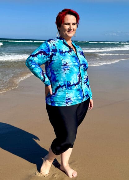Womens Blue Tie Dye Print Plus Size Long Sleeve Rash Guard