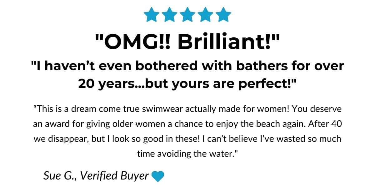 Customer testimonial for OceanRoad Swimwear: A 5-star review from Sue G. about finding the perfect fitting bathers for women over 40 after 20 years.
